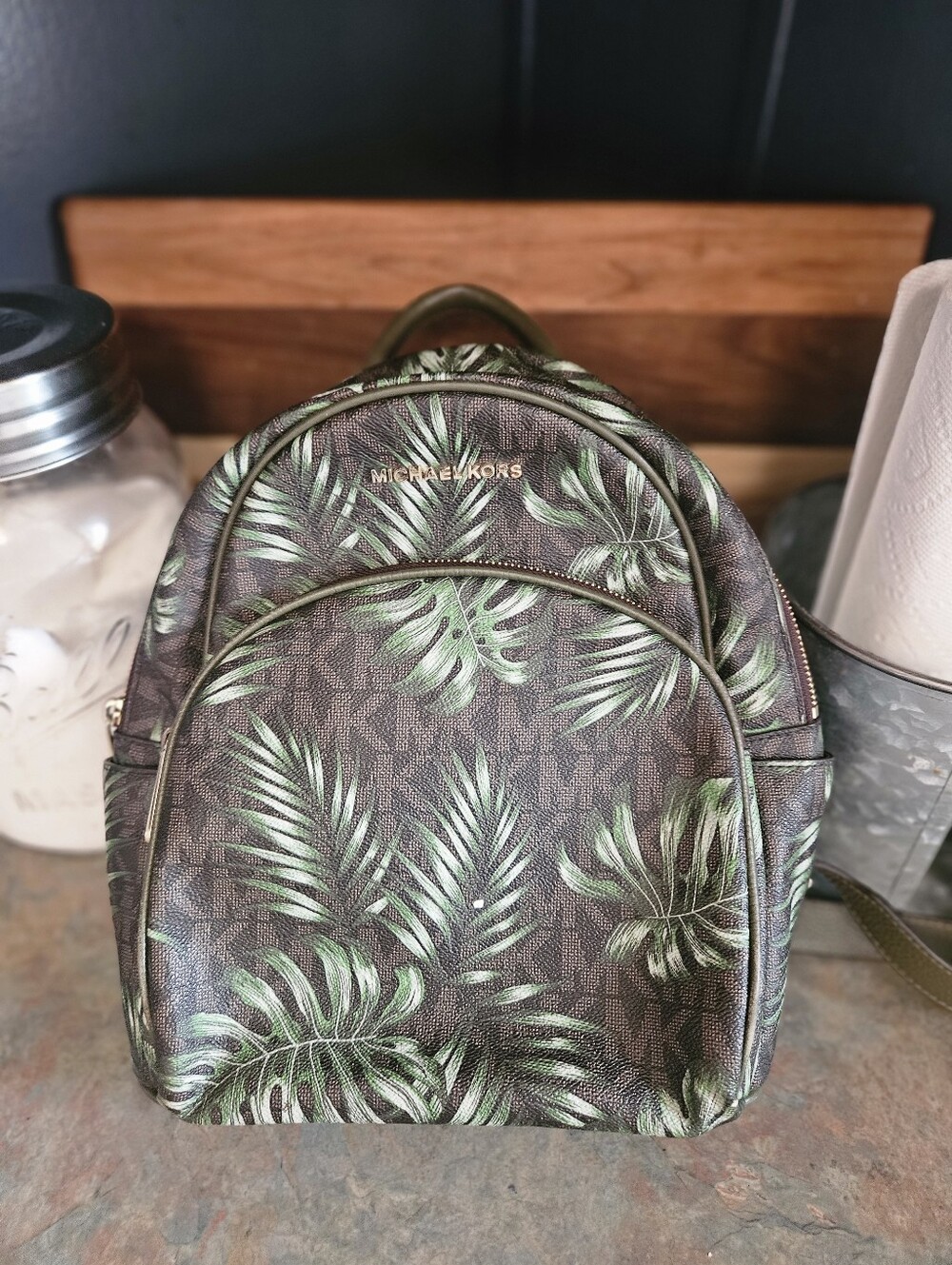 Michael Kors Brown Backpack with Green Palm Print